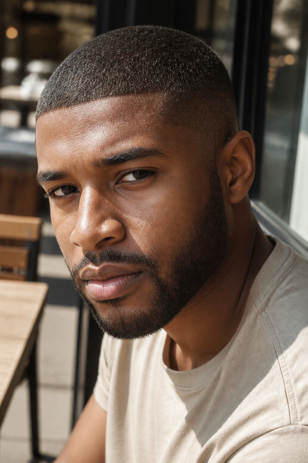 Portrait of a Black man with longer shadow buzz in sunny urban setting