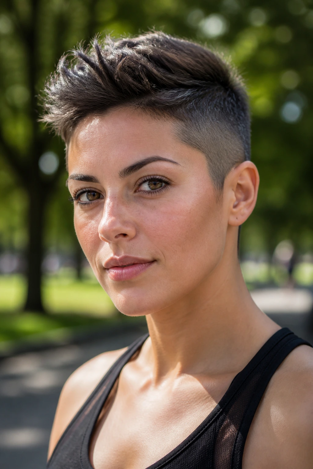 Portrait of woman with longer top and short sides buzz under natural daylight