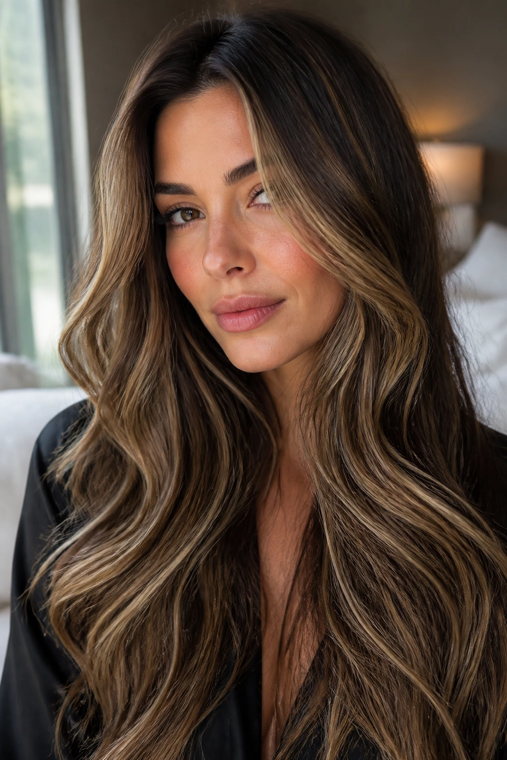 Close-up of long hair with caramel and ash-beige highlights by a window