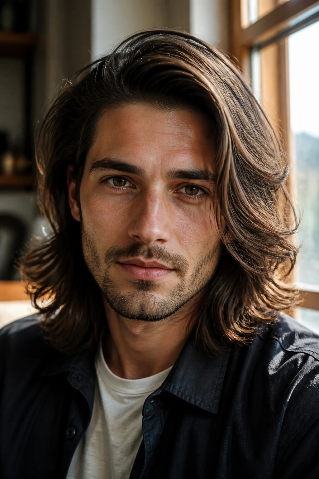 Close-up portrait of a man with long, layered hair and a subtle side part, showing a shape that fits his texture