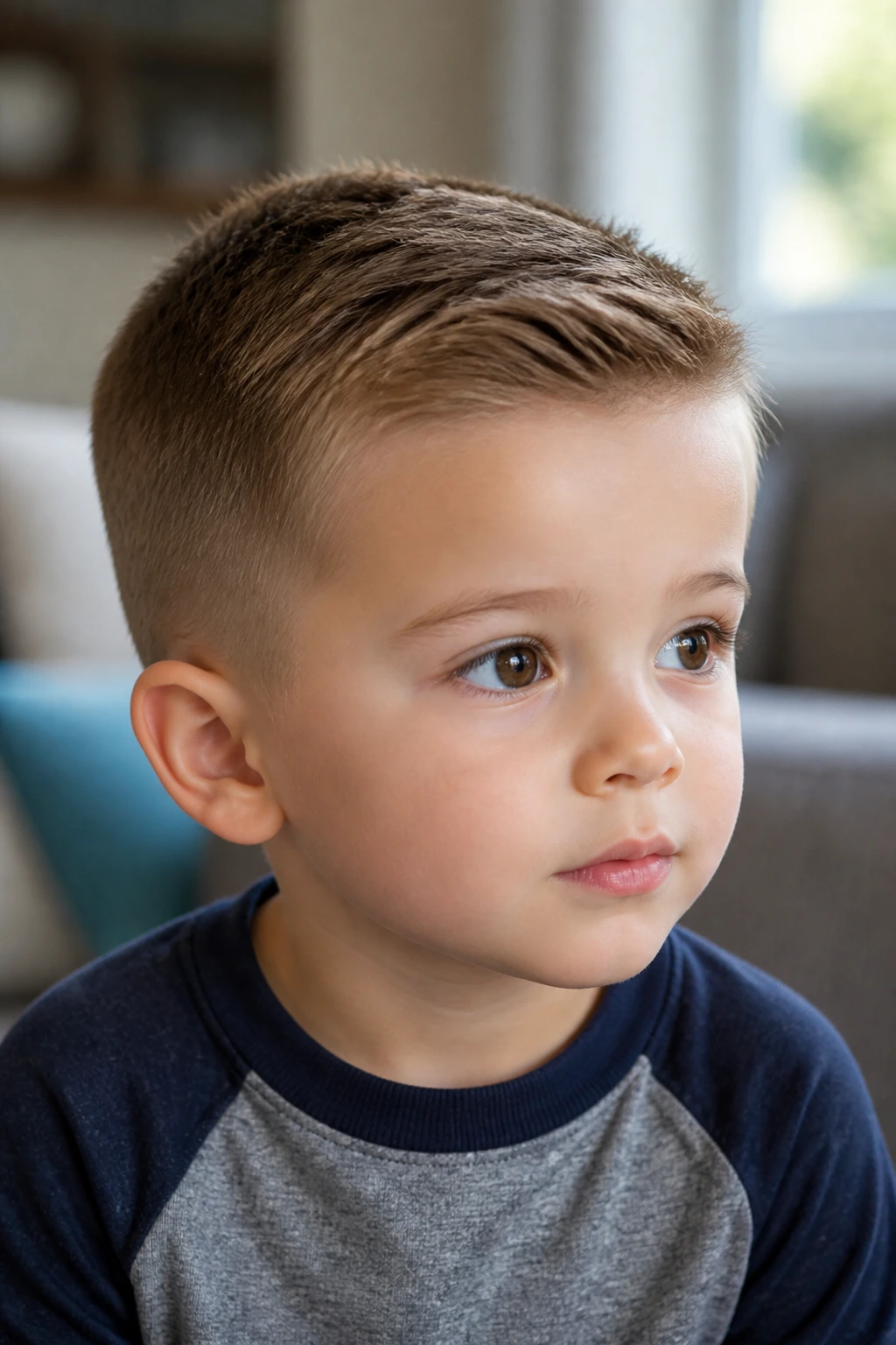 Toddler with longish top and close sides hairstyle in a cozy home setting.