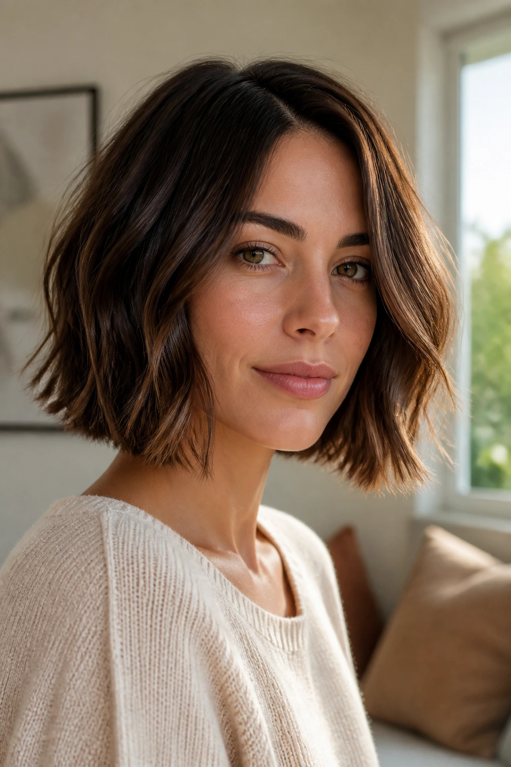 Close-up of a real woman with a longline bob and a slightly longer front
