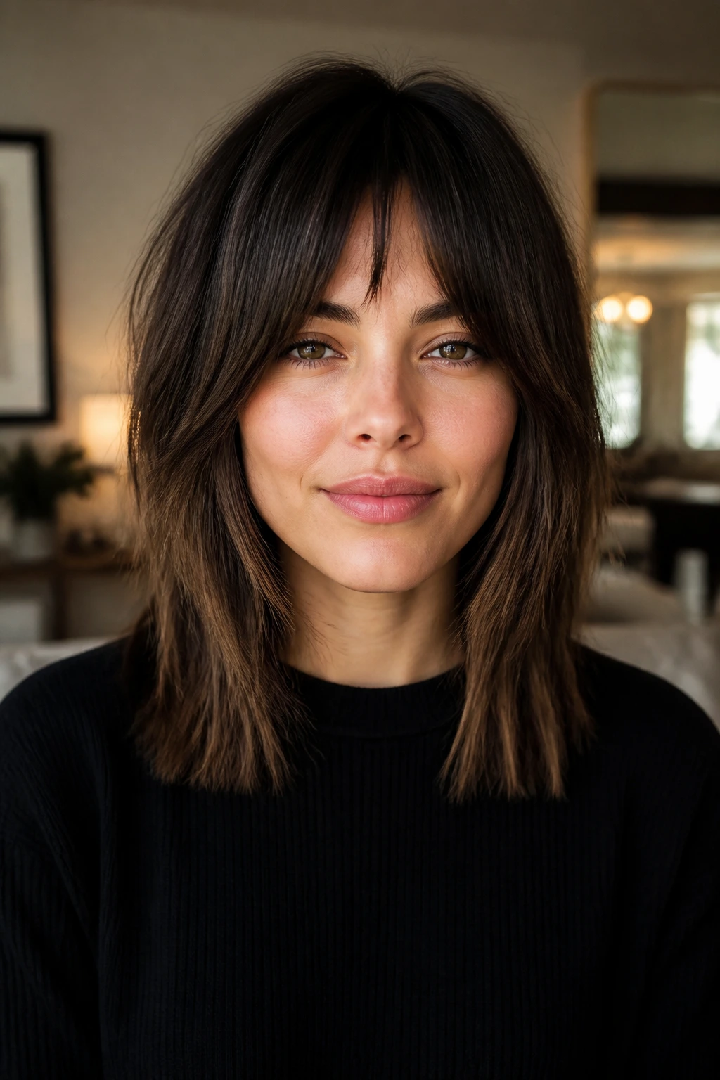 Portrait of a real woman with longline shag and straight ends