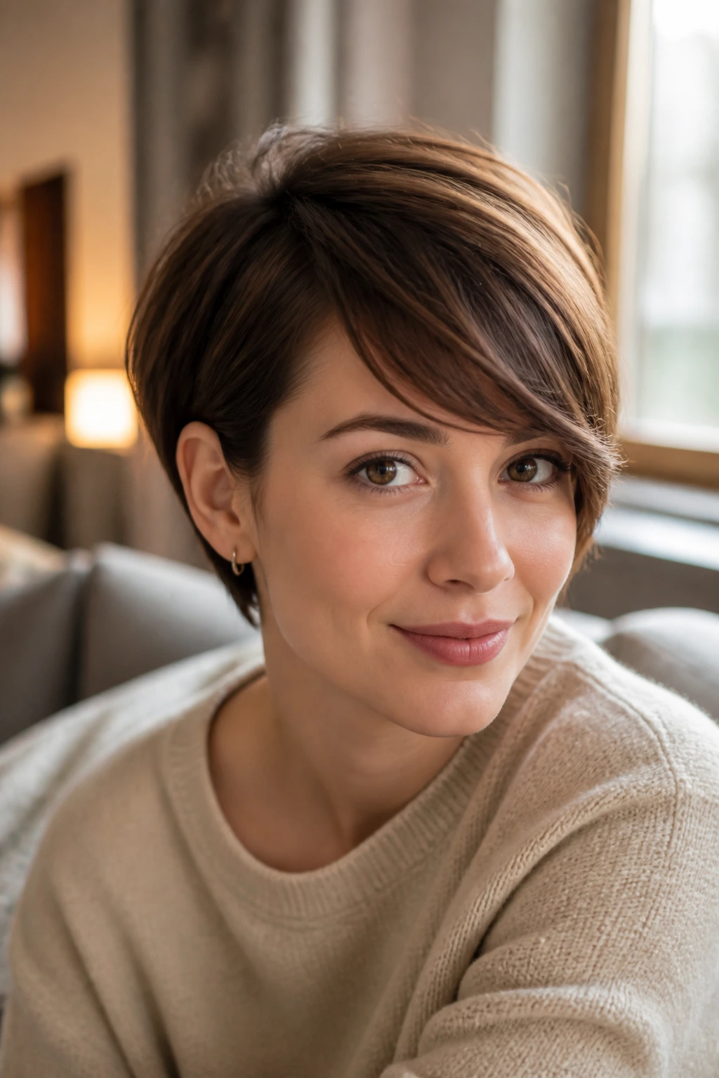 Portrait of a real woman with side-parted fringe swept to the side