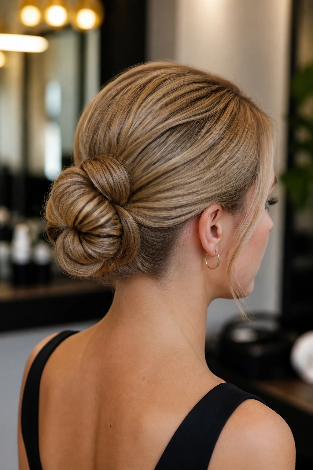 Close-up of a real woman with a loop-and-pin bun in a salon setting