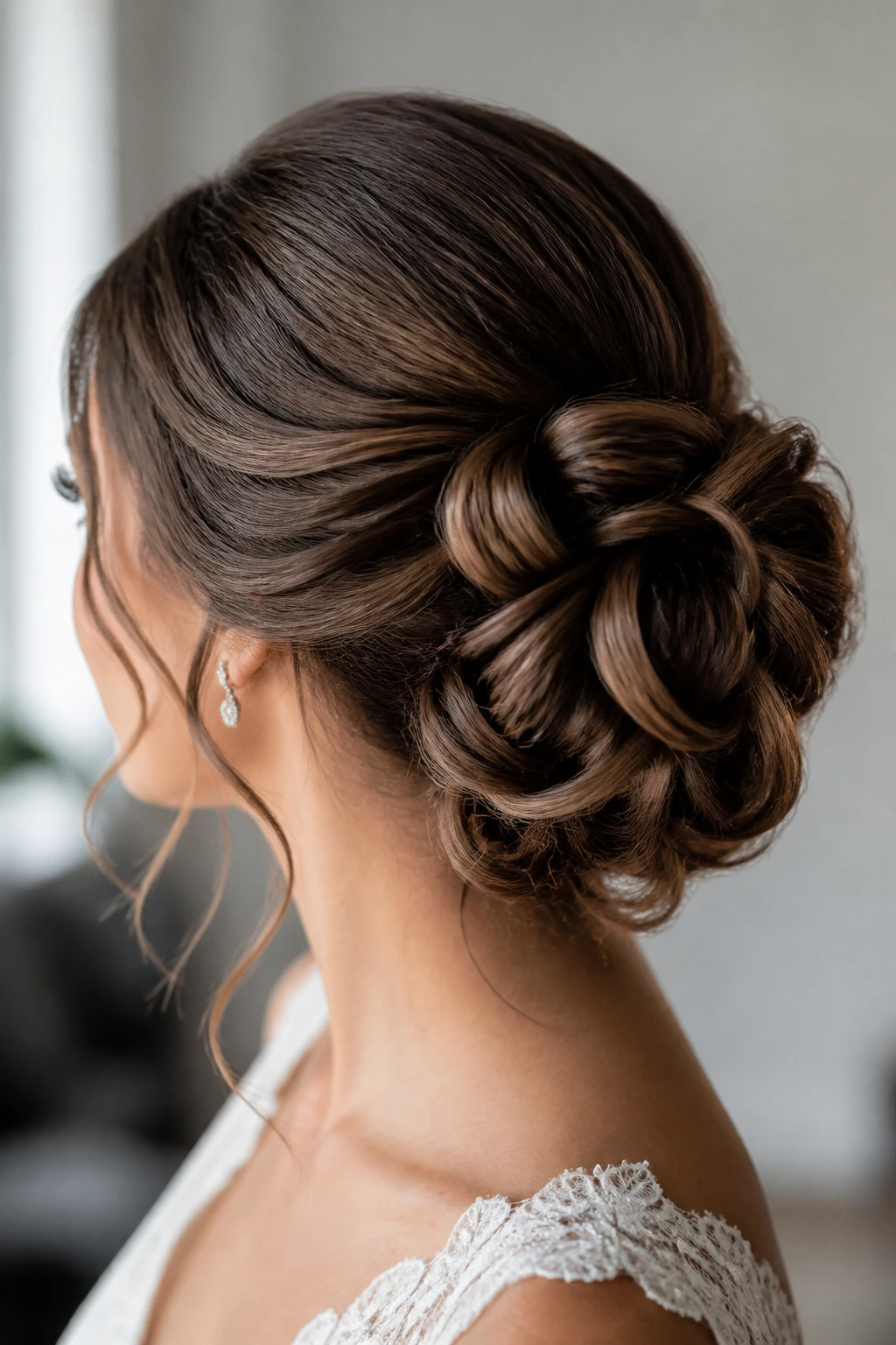 Profile view of loop-and-pin bridal chignon on real bride