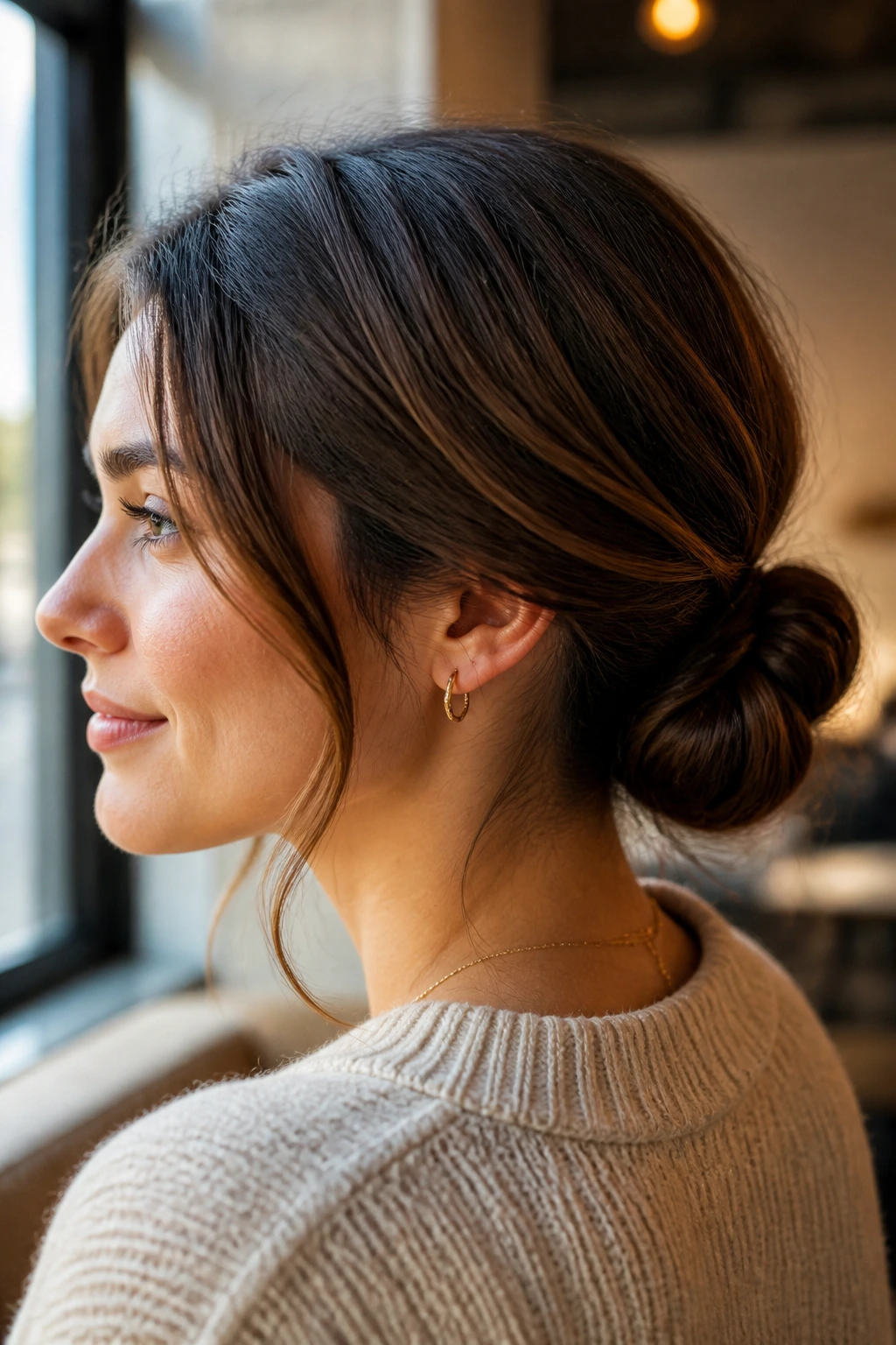 Real woman with loop-and-tuck bun, ends tucked cleanly beneath a loop.