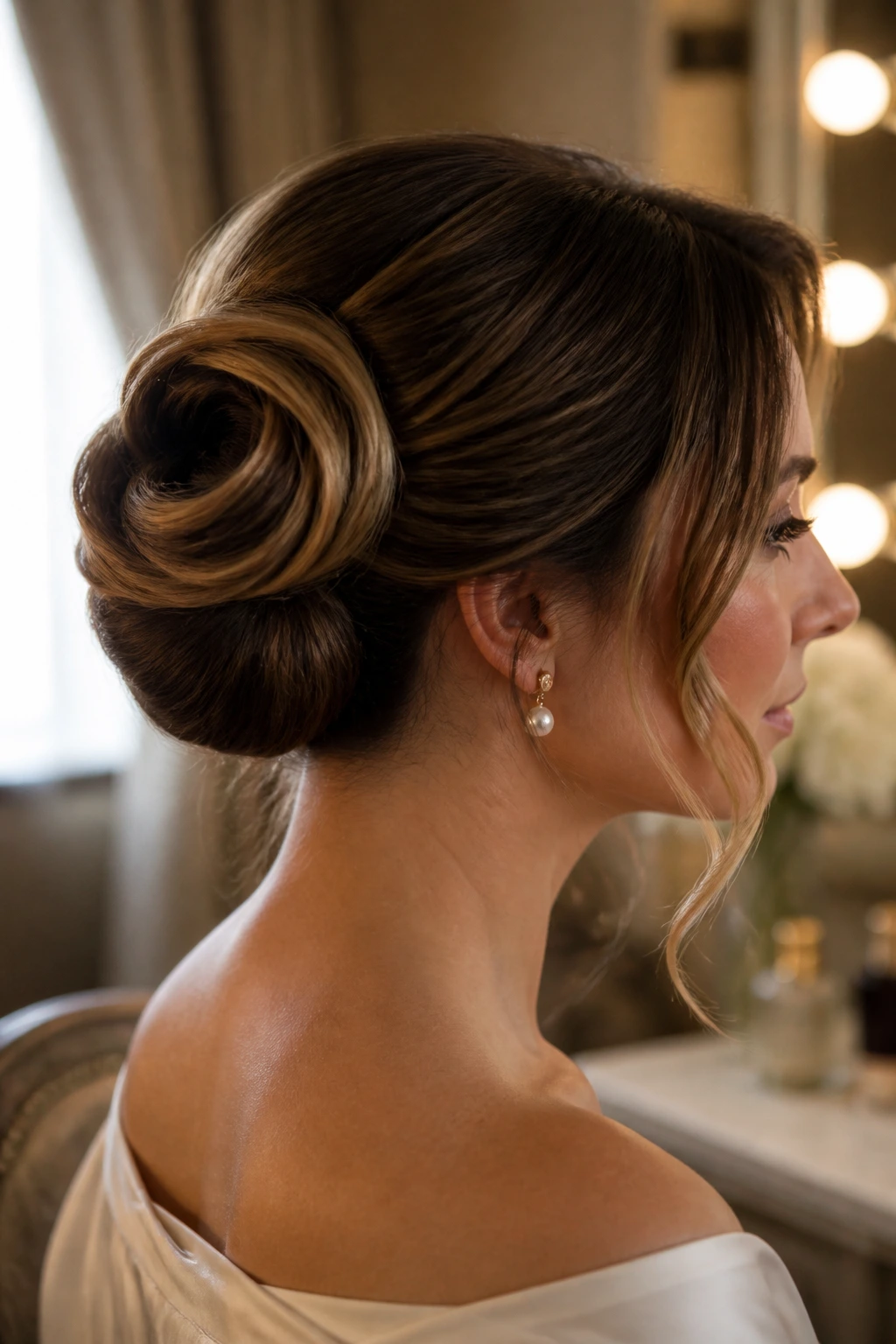 Close-up of Loop-and-Tuck Roll on a real woman with a soft back loop and tucked ends