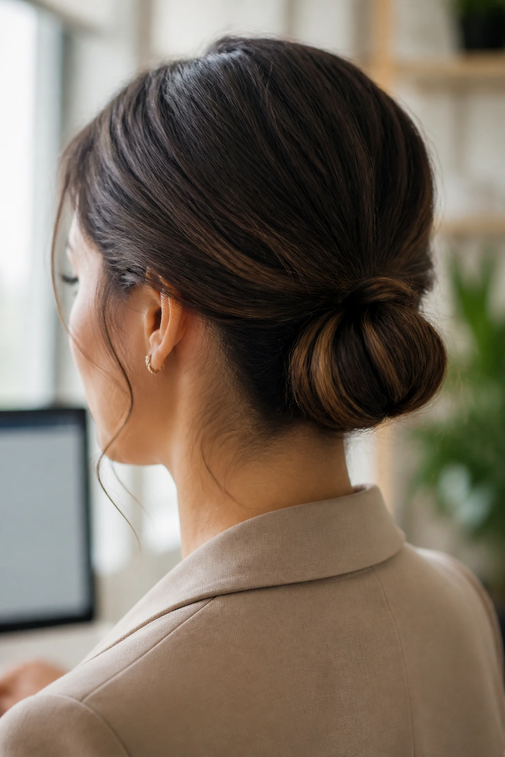 Close-up of loop bun hairstyle with ends tucked through elastic
