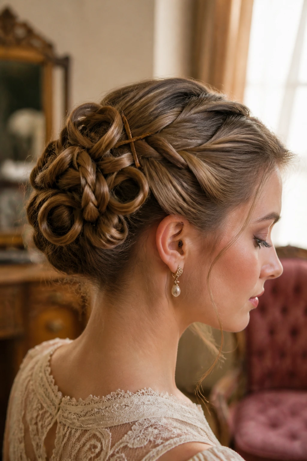 Close-up of loop-pinned braid bun on a real woman in a vintage dressing room.