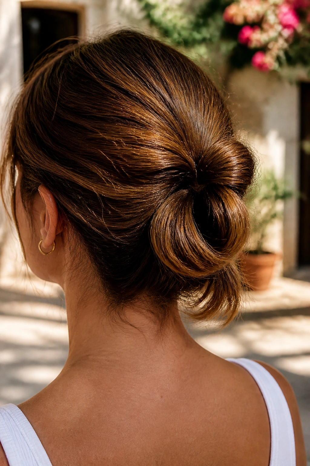 Back view of a real person with a loop-through bun in a sunny courtyard.