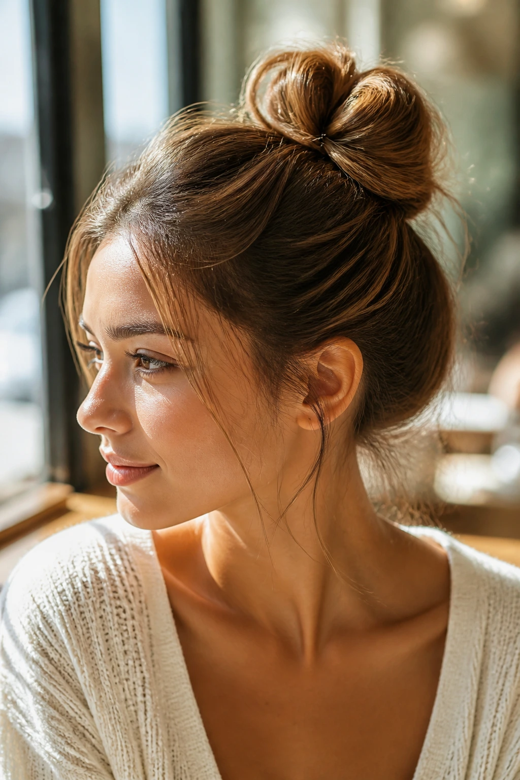 Portrait of a real woman showing a loop-through bun with a partial hair loop