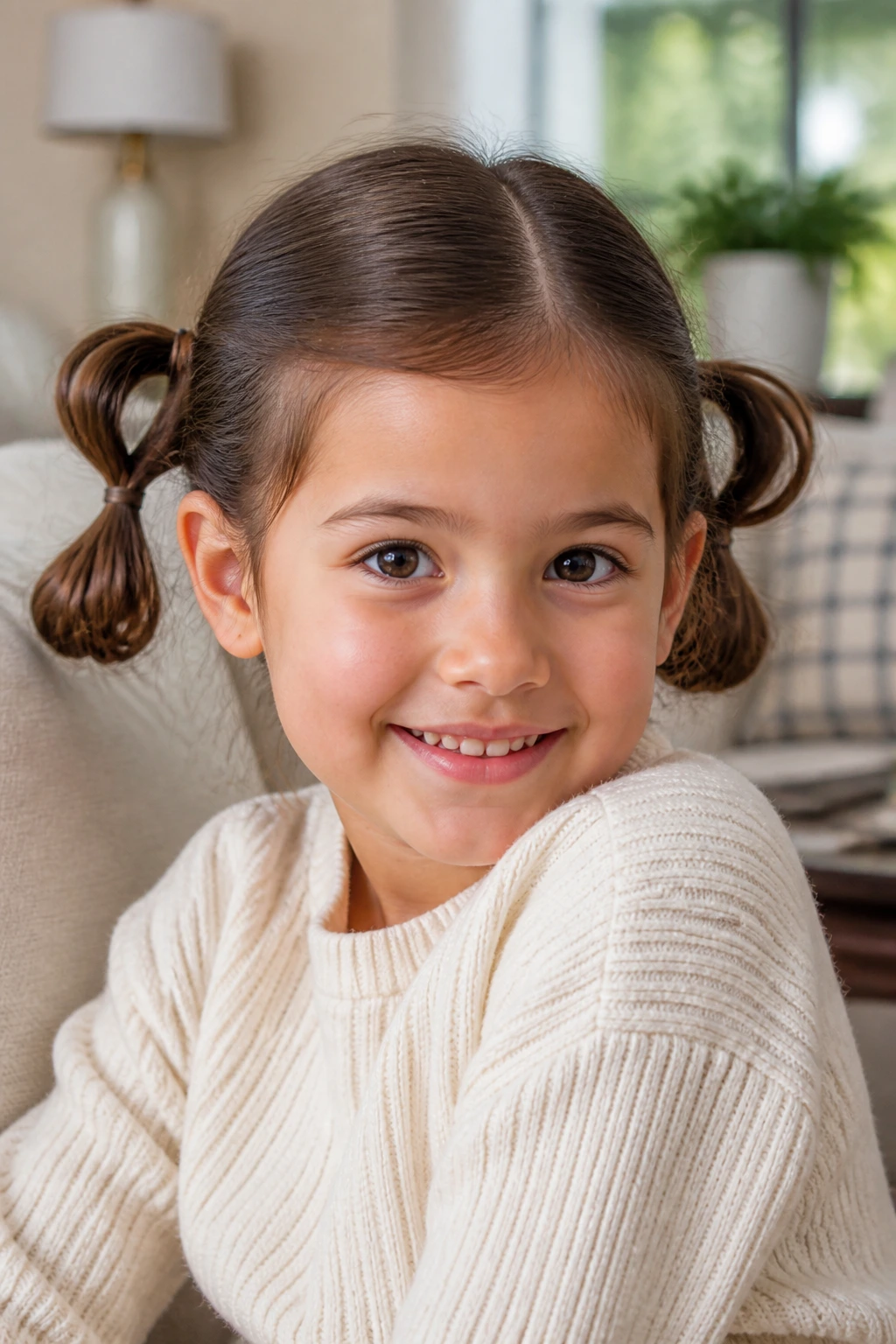 Brunette girl with loop-through pigtails in living room setting.