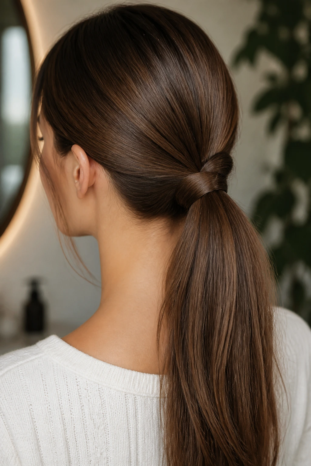Close-up of a real woman with a loop-through ponytail showing the flipped tail through above the elastic