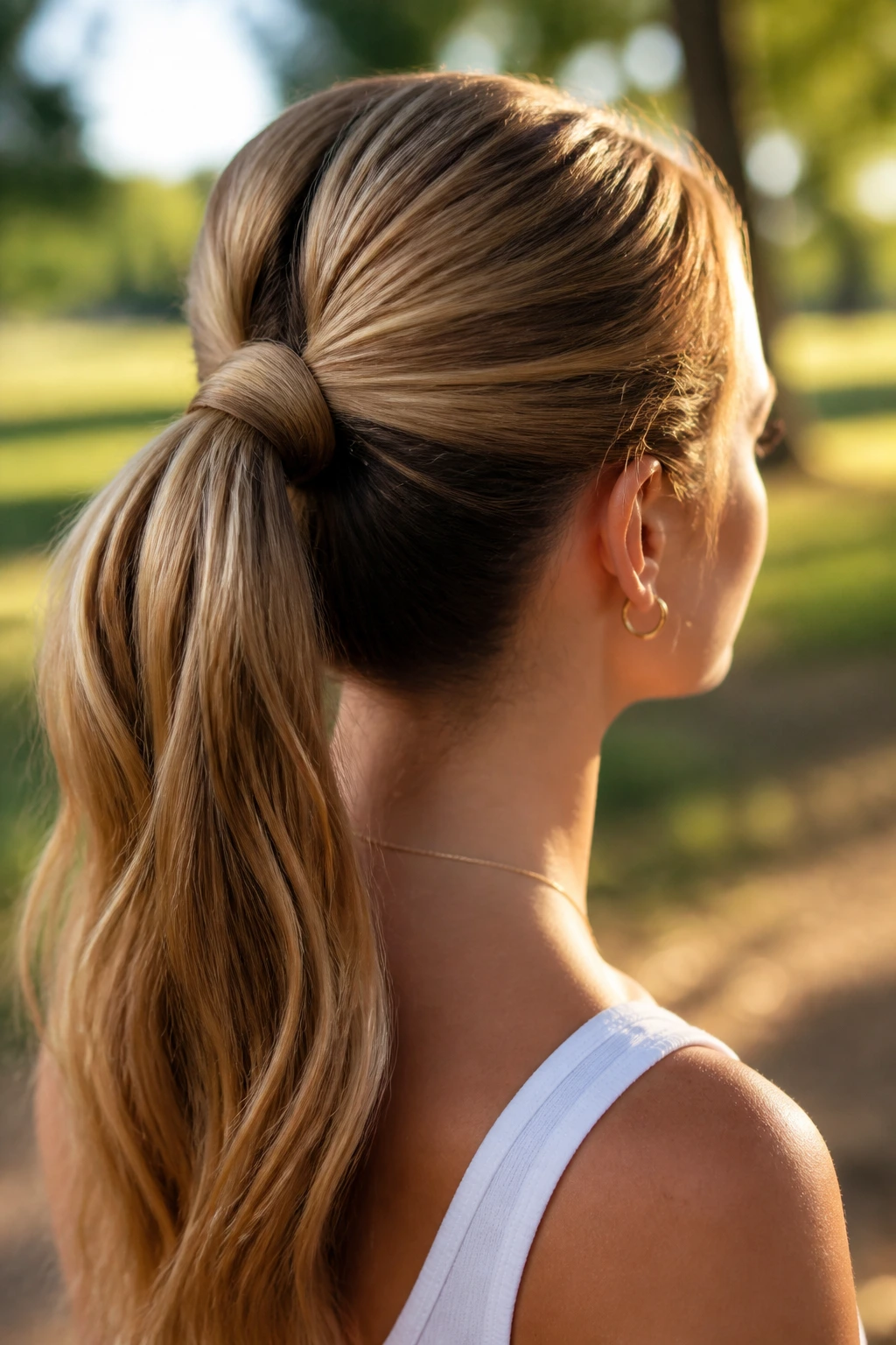 Close-up of a real person demonstrating a loop-through ponytail