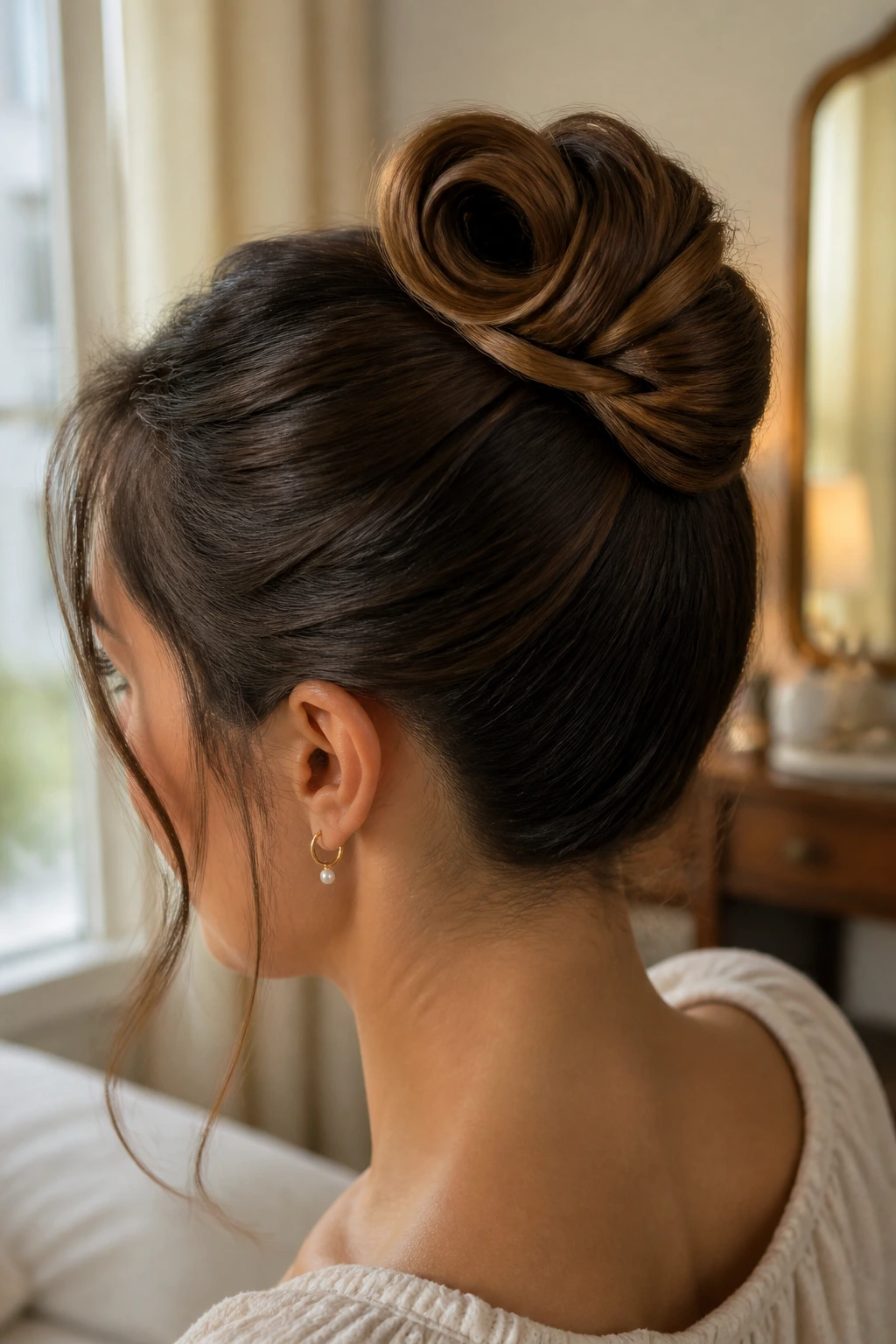 Close-up of a real woman with a loop-twist bun at the crown in warm natural light