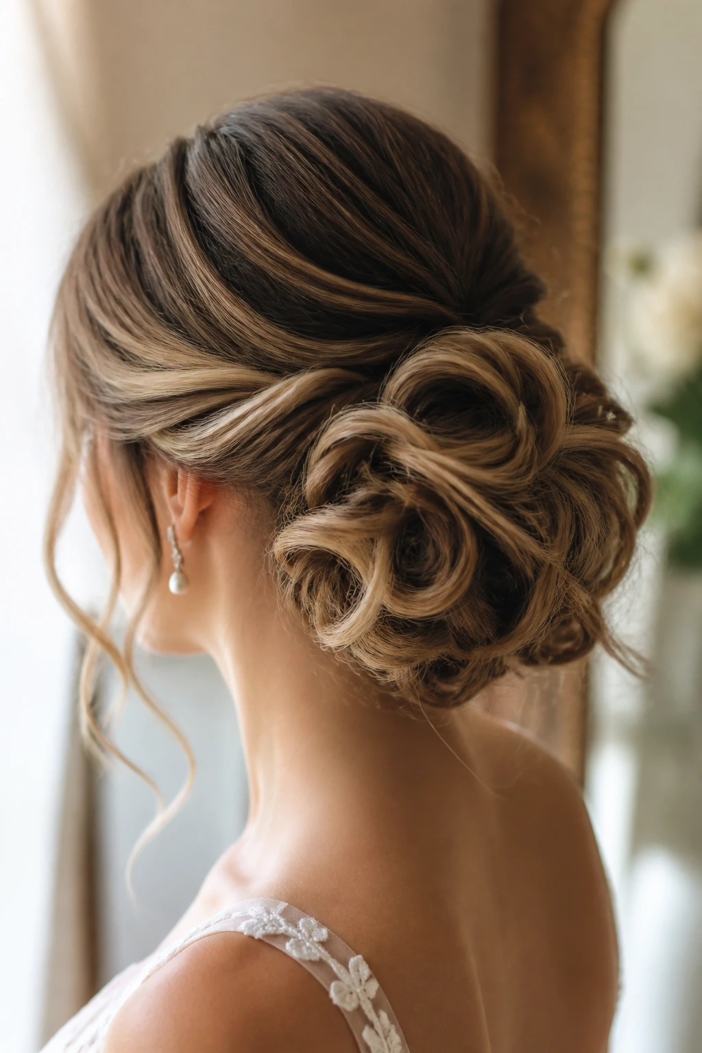 Back/side view of a real woman with looped romantic chignon