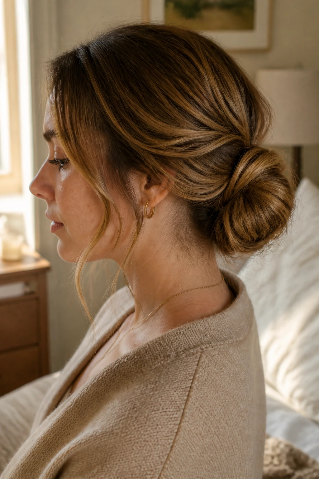 Close-up of a real woman with a looped knot low bun at the nape in warm window light