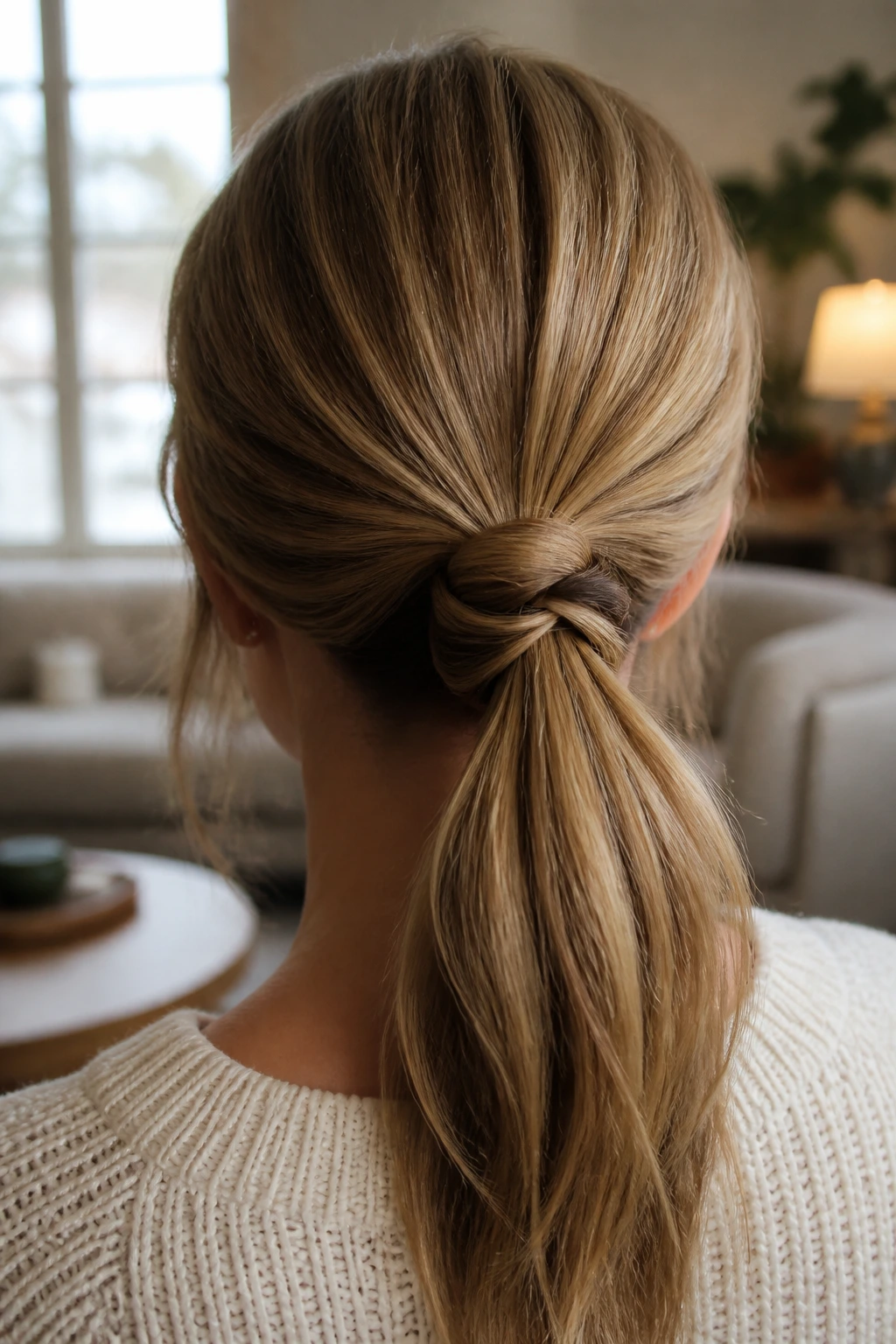 Back-of-head close-up of a real woman with a looped knot ponytail at the nape, in warm indoor light.