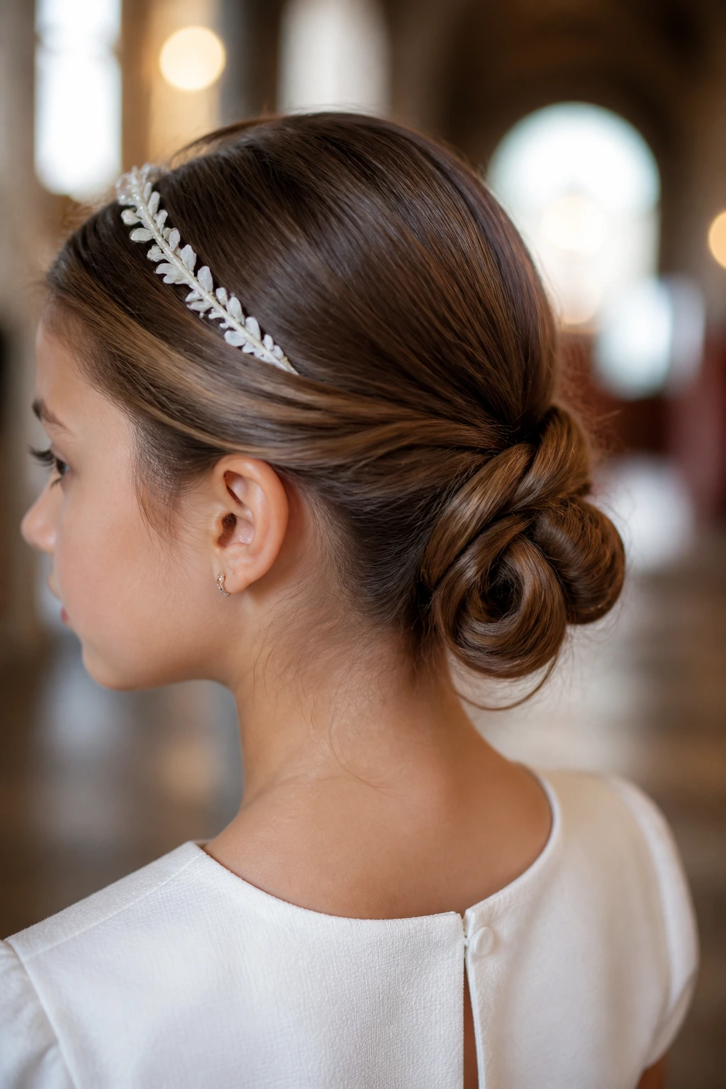 Close-up of a real child's looped low knot hairstyle at the back of the head.