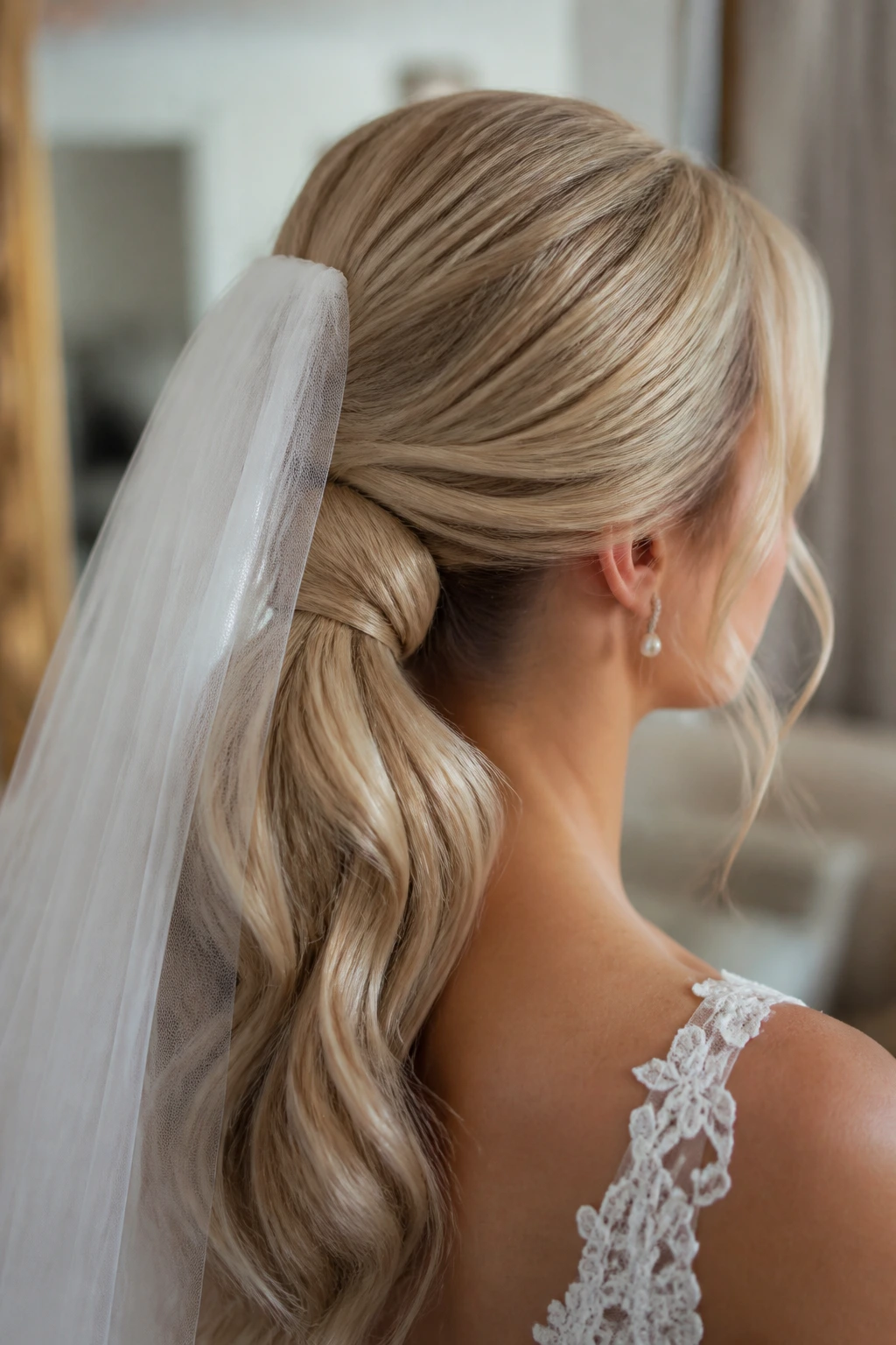 Real bride with looped low pony and veil, hair neatly tucked.