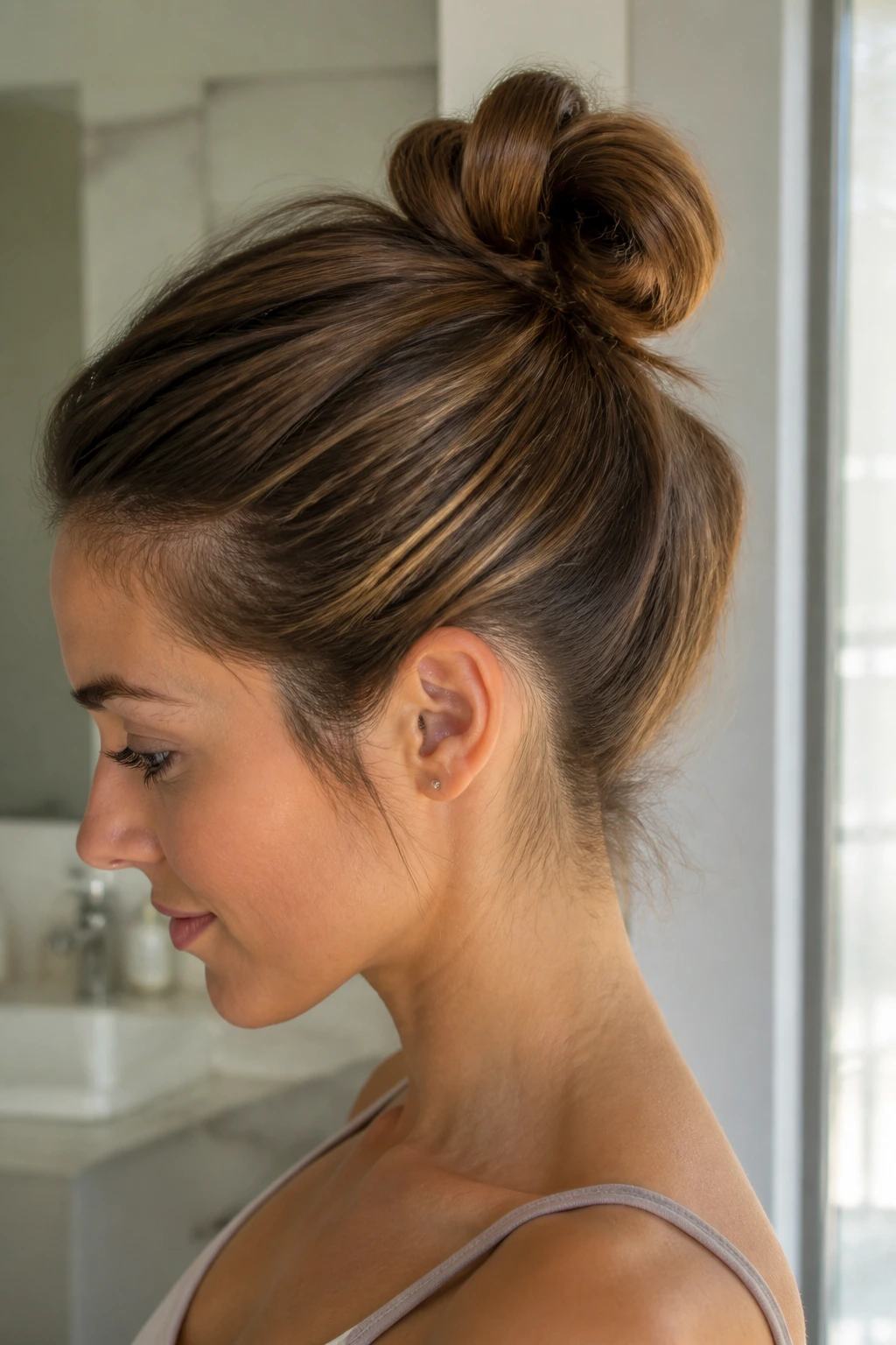 Close-up of a real person with a looped ponytail bun in bright bathroom light.