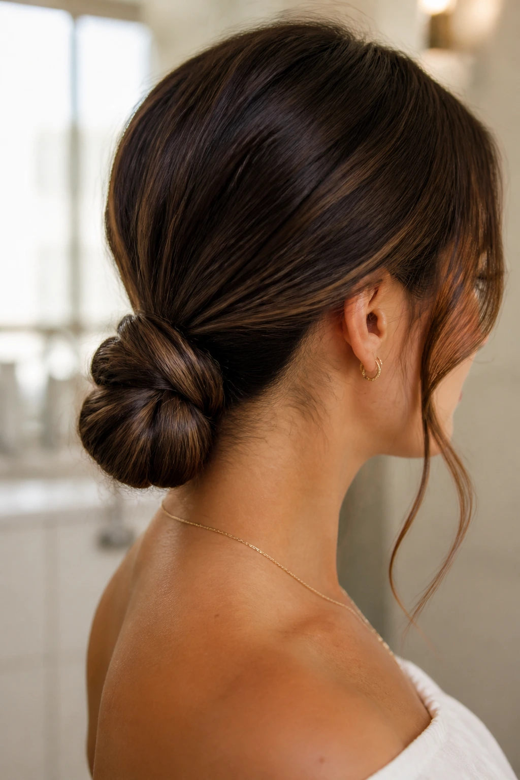 Close-up portrait of a real person with a low looped ponytail bun in warm, natural light.