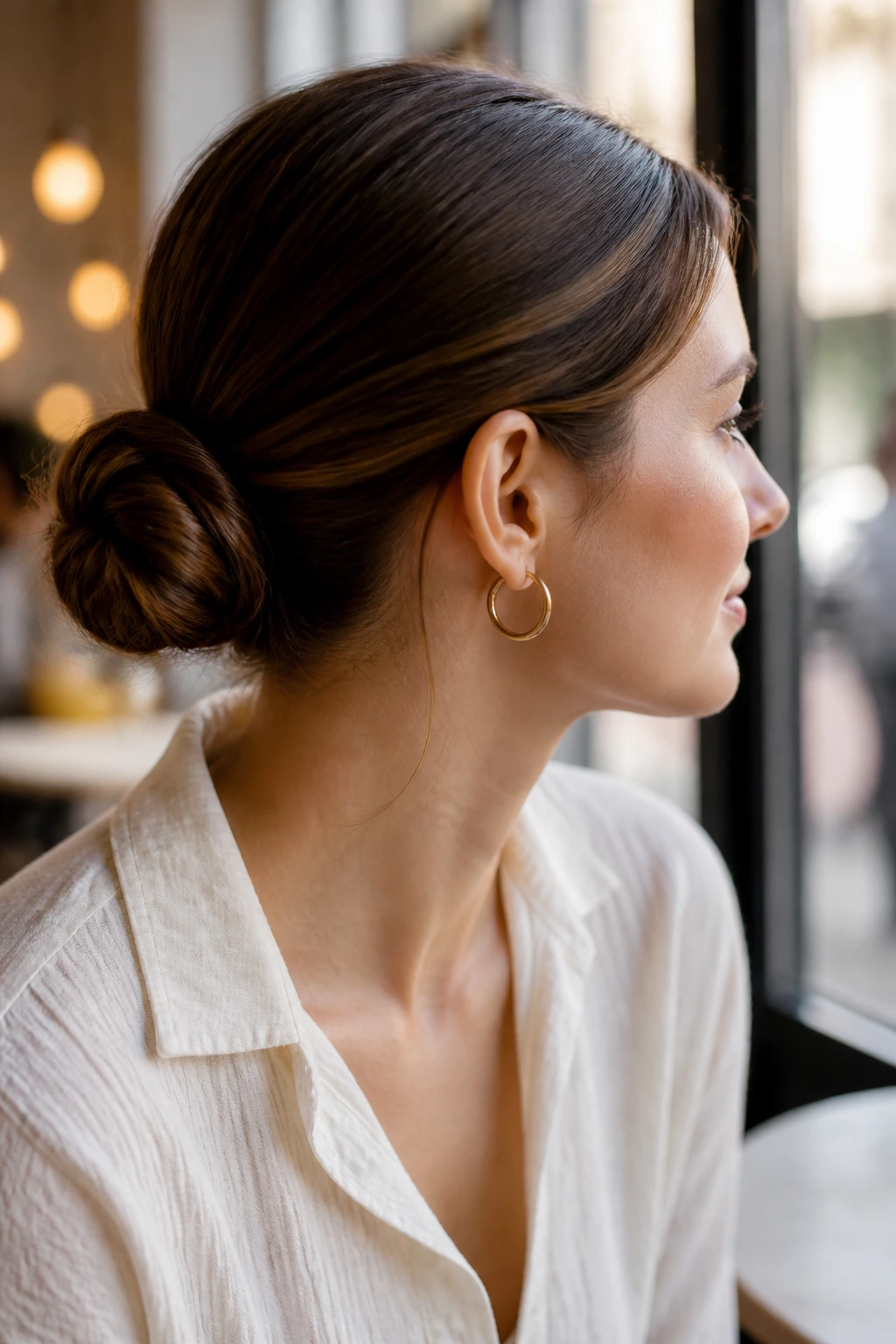 Portrait of a real woman with a looped ponytail chignon by a sunlit window