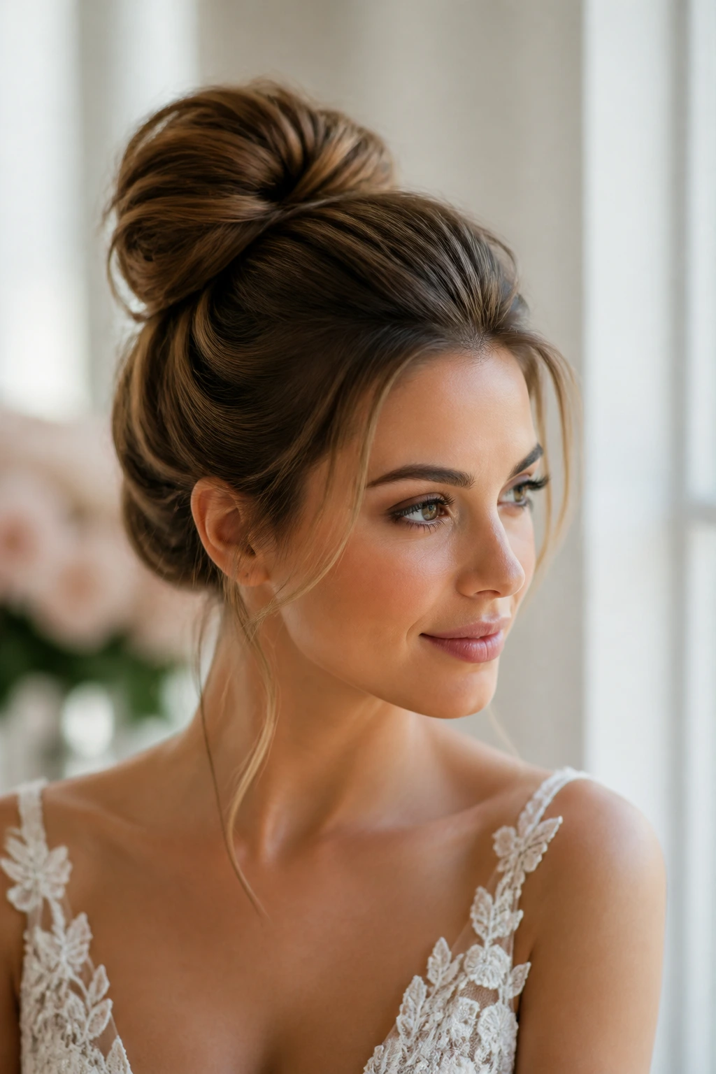 Close-up of a loose ballerina bun with face-framing pieces on a bride