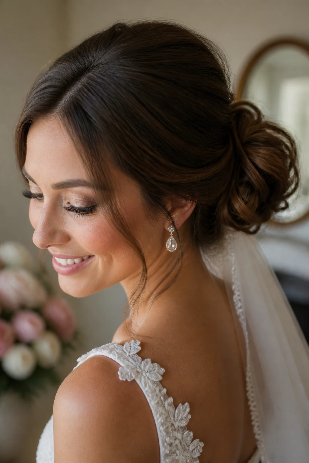 Close-up of a real bride with a loose ballerina knot hairstyle