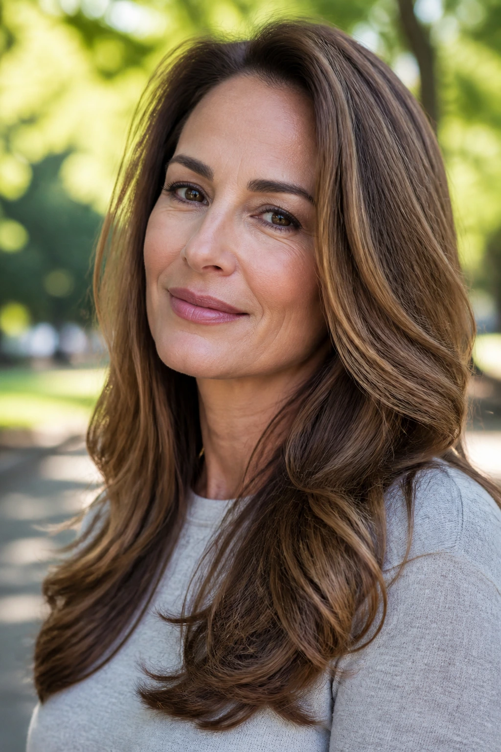 Portrait of a woman with loose blowout layers in a sunny park