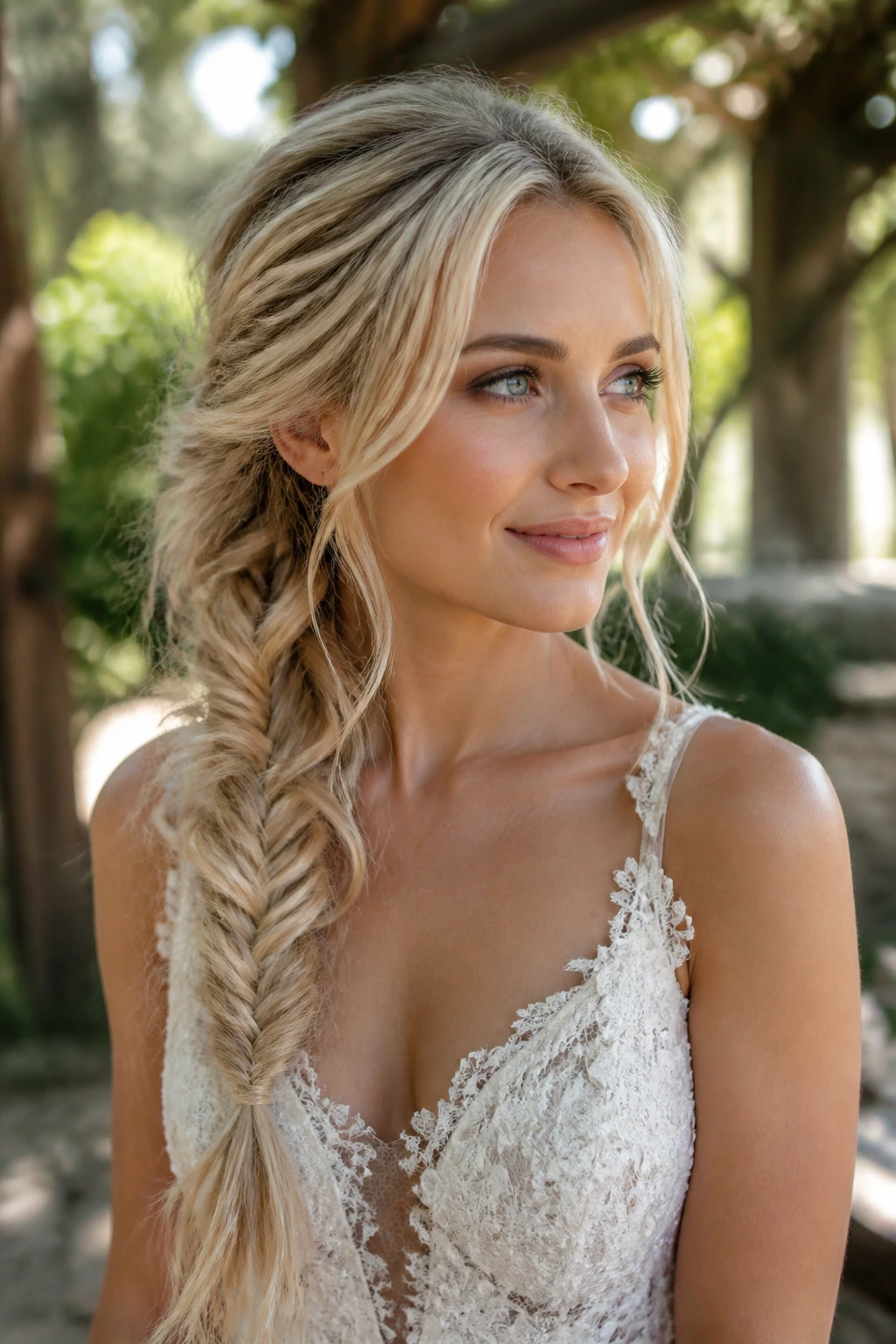 Close-up of blonde hair loose boho fishtail braid over shoulder