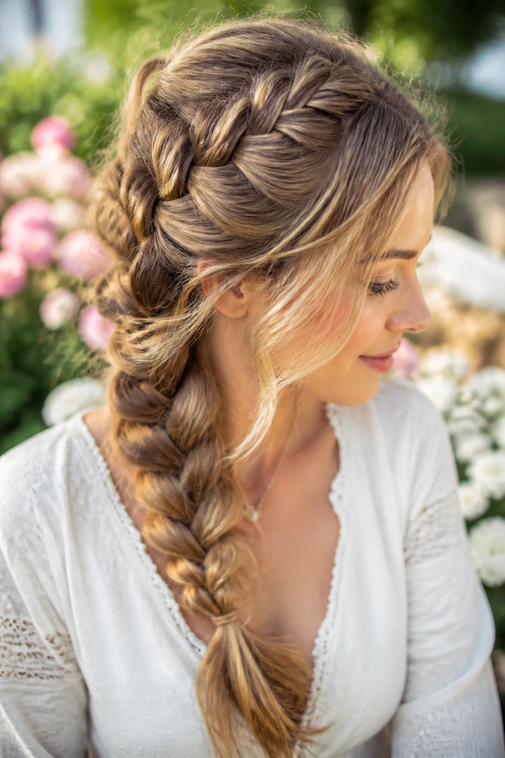 Close-up of a real woman with a loose boho French braid and face-framing pieces