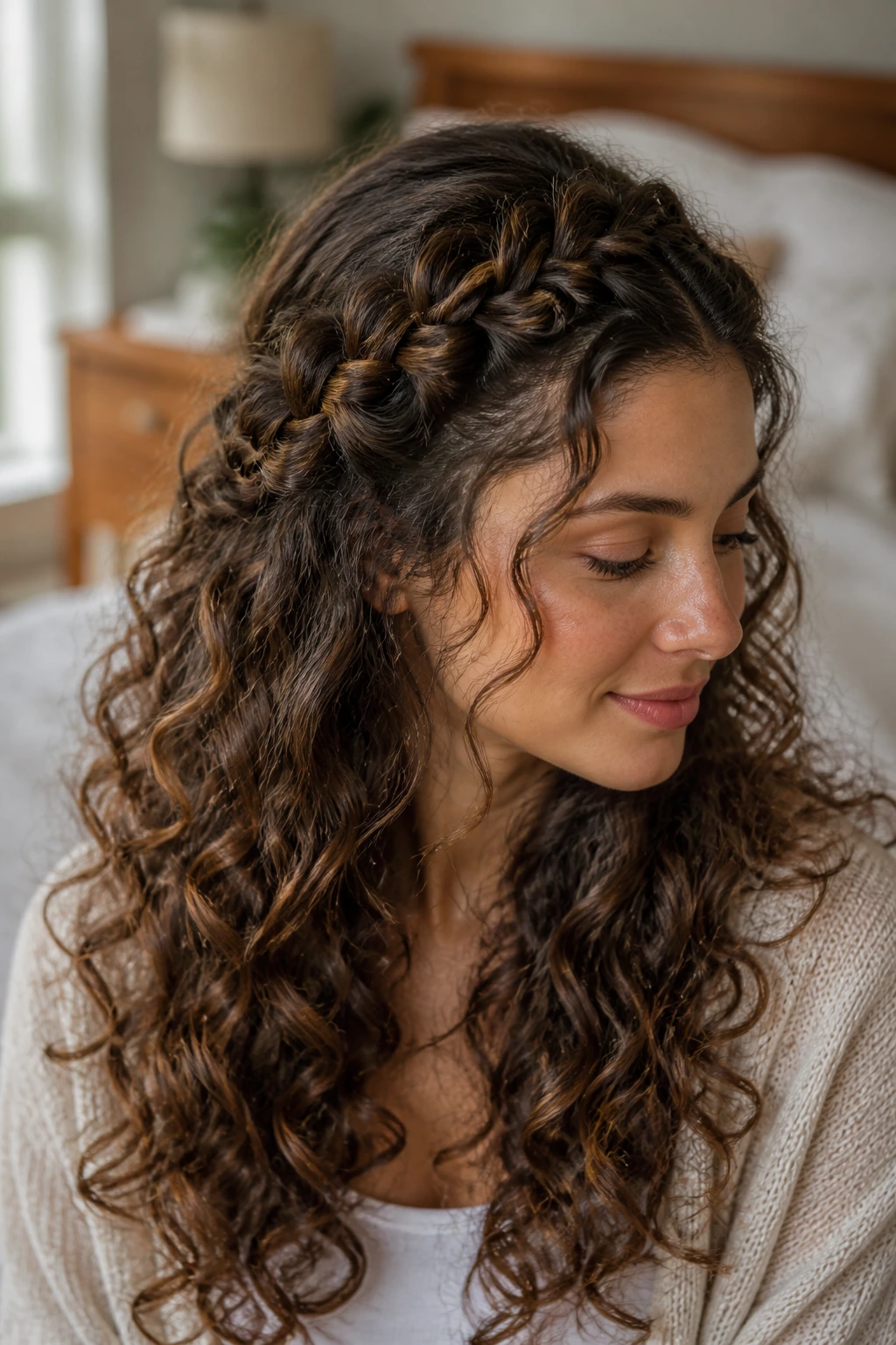 Close-up of a real woman's head showing a loose French braid across the crown with curls spilling over the shoulders.