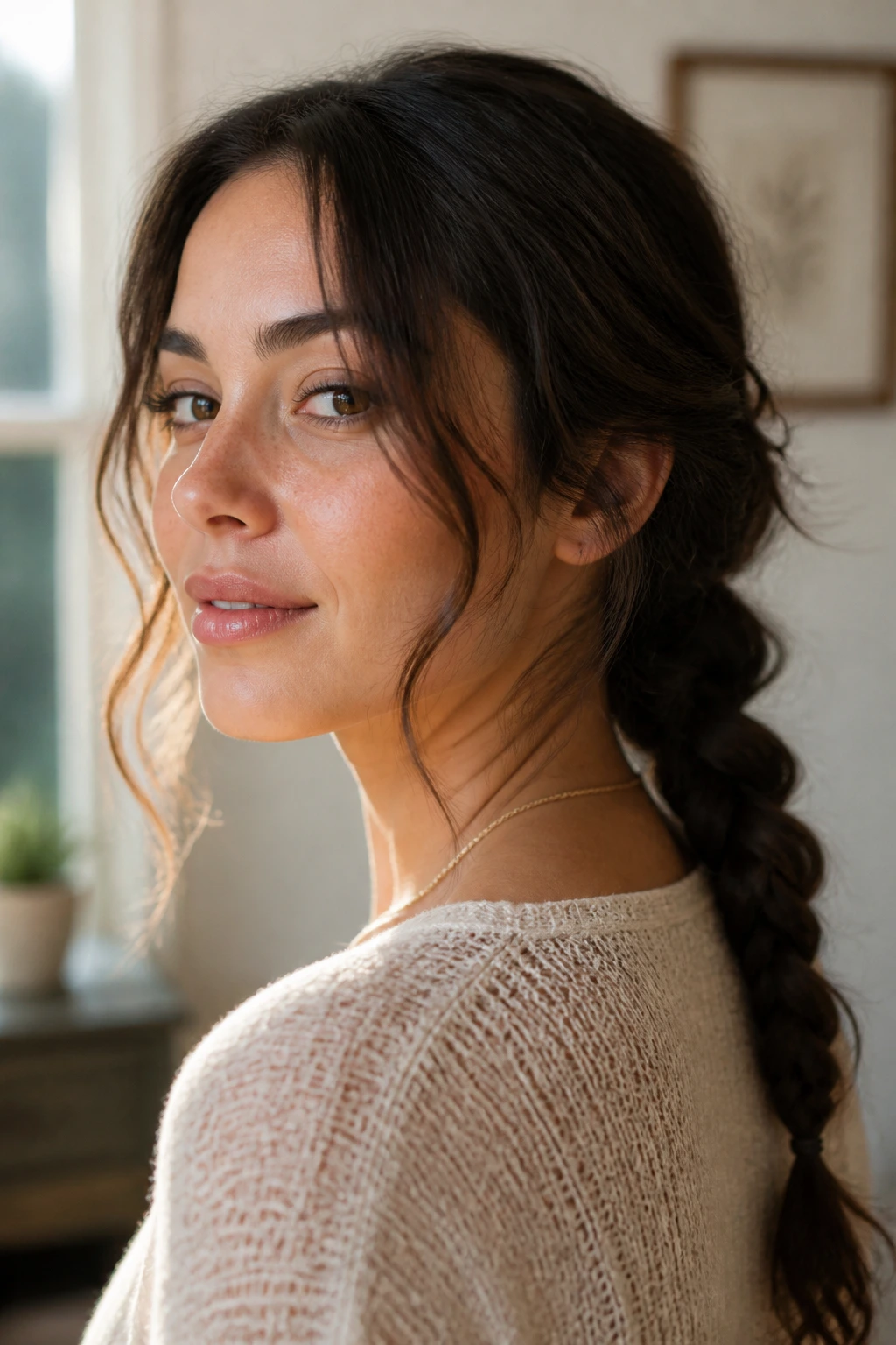 Close-up of a real woman with a loose low braid and face-framing pieces