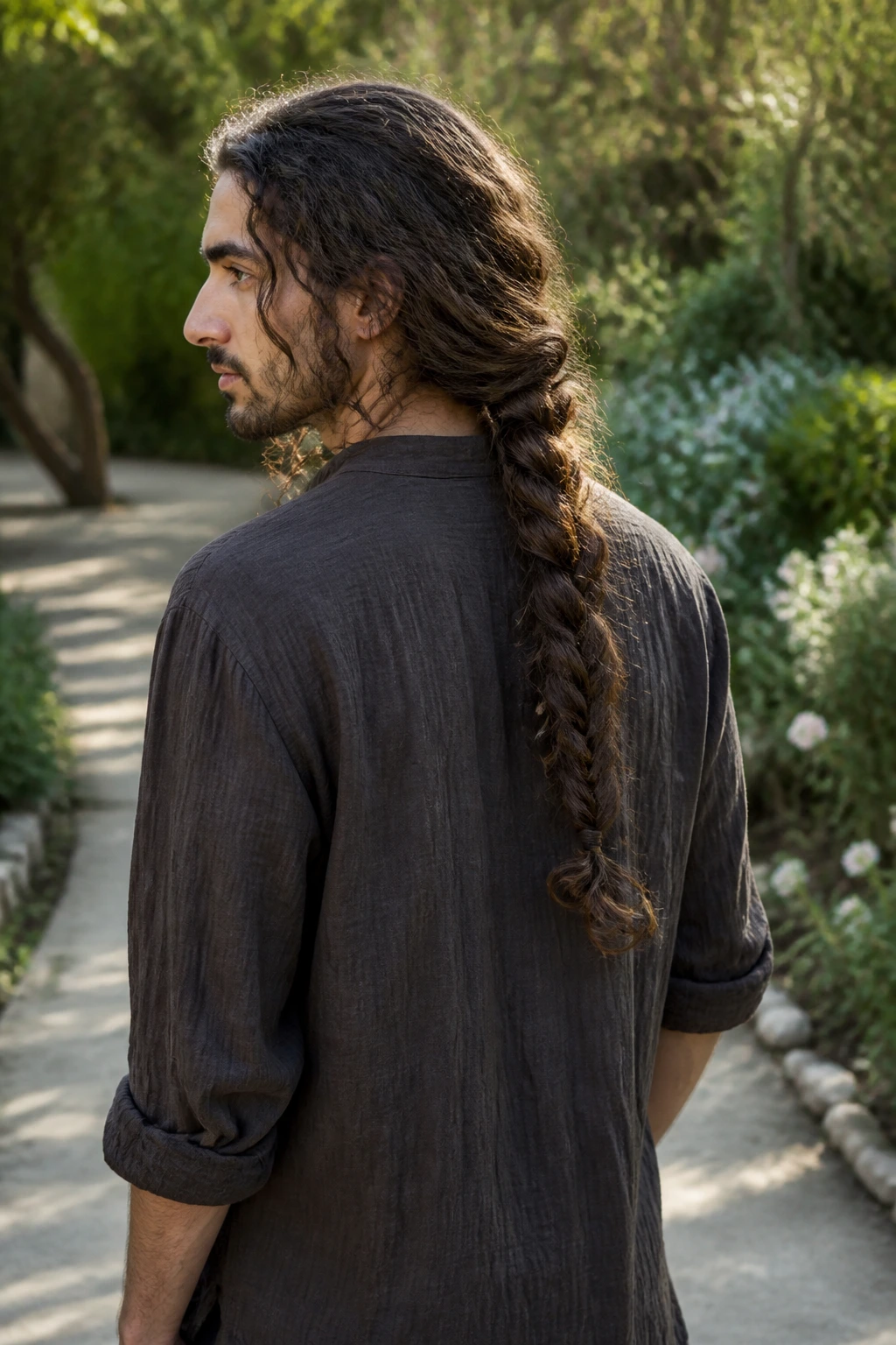 Portrait of a man with a loose braid down the back of long curls, shown from a three-quarter view outdoors