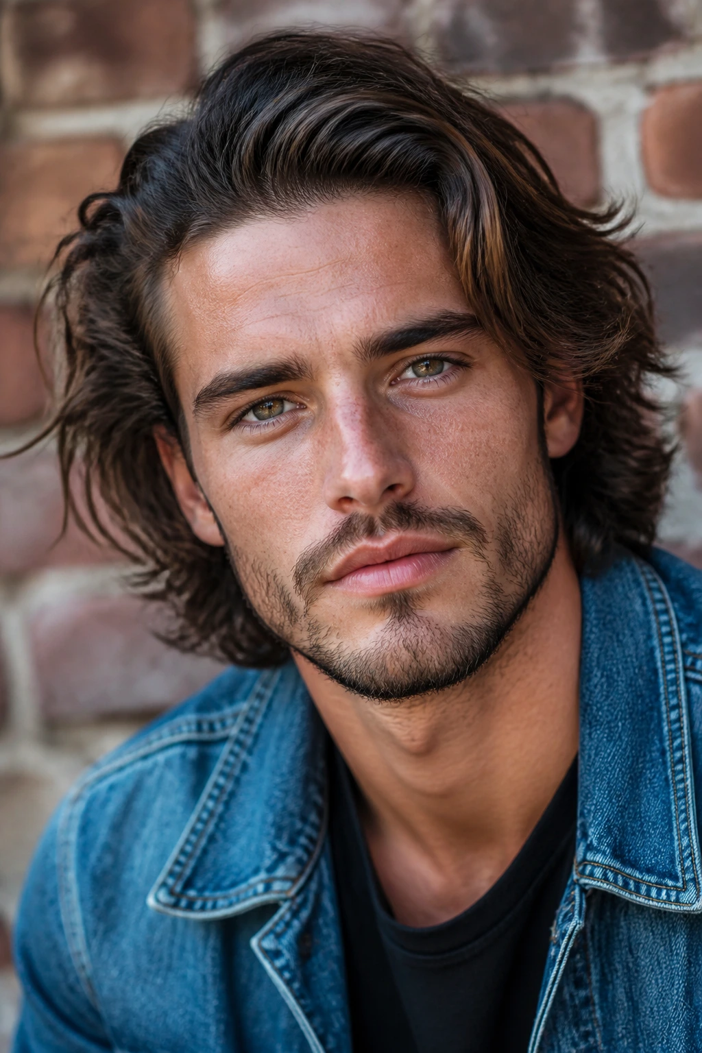 Man with loose bro flow long wavy hair, flowing naturally in an urban-rustic setting.