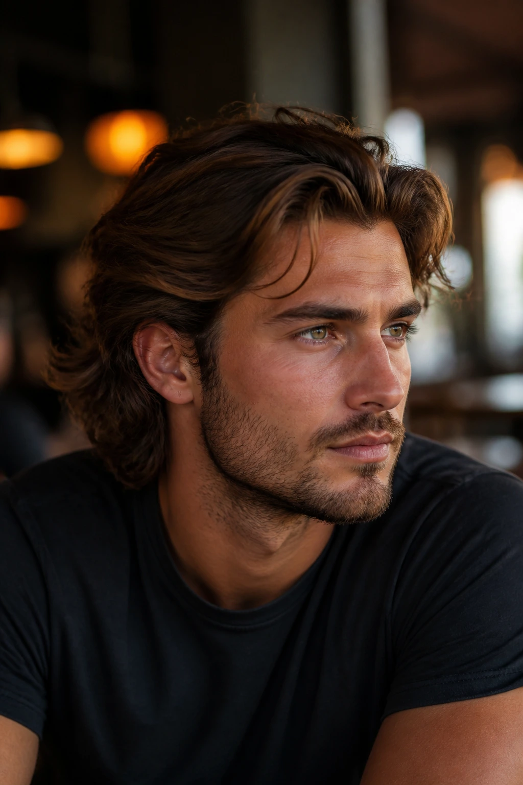Portrait of a man with loose bro flow hairstyle.