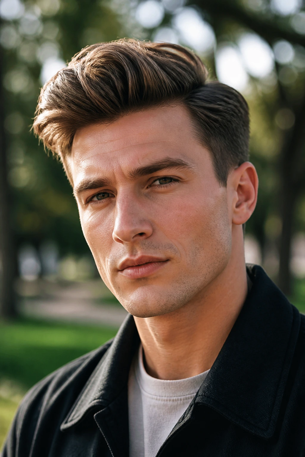 Portrait of real man with loose brush-up haircut outdoors in daylight