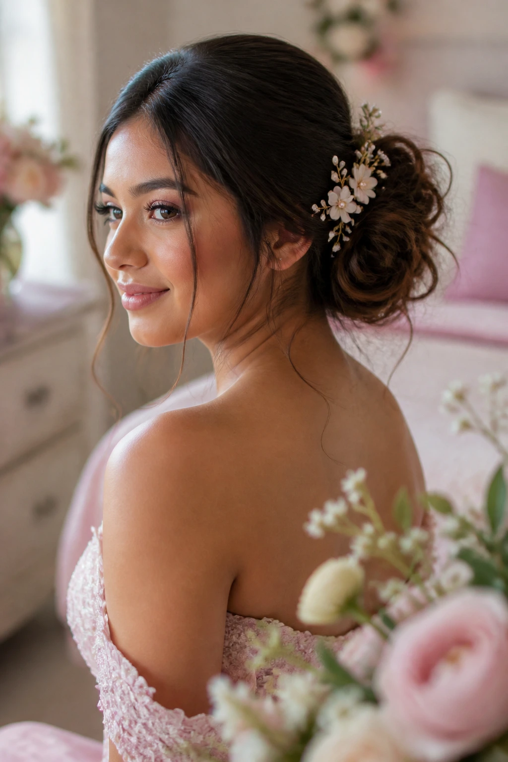 Close-up of a real woman with a loose bun and floral comb