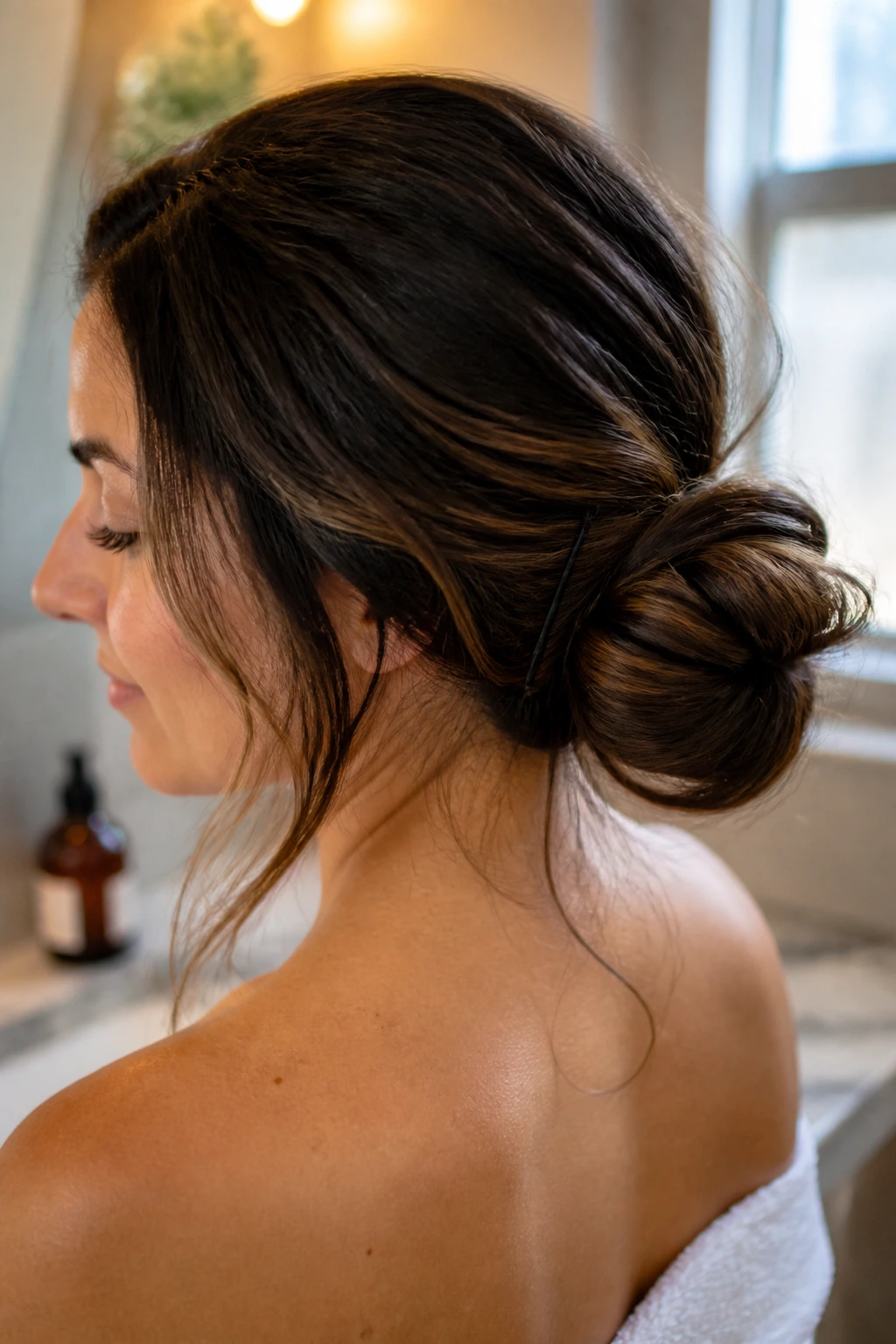 Close-up of a real woman with a loose bun at the nape of the neck