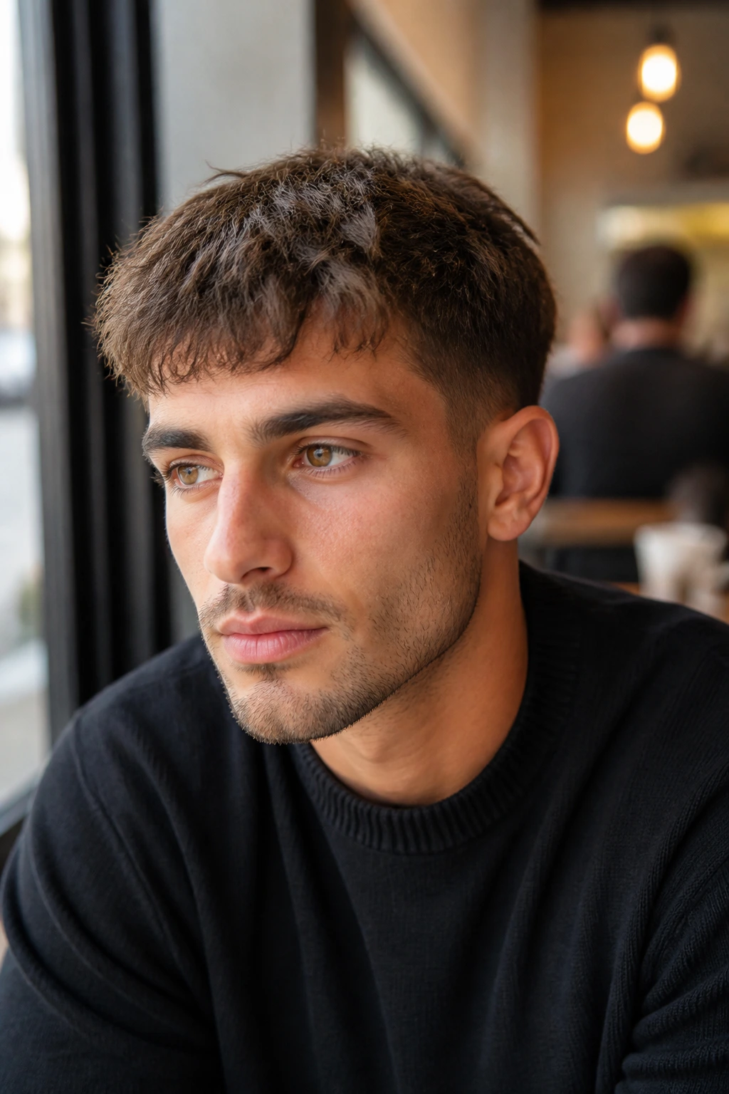 Close-up portrait of a man with loose Caesar cut in natural light