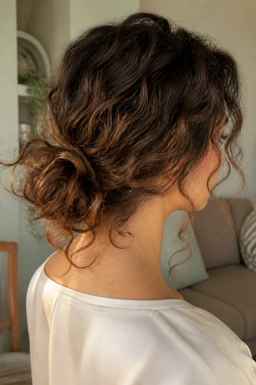 Rear three-quarter view of a real person with a loose chignon and curls