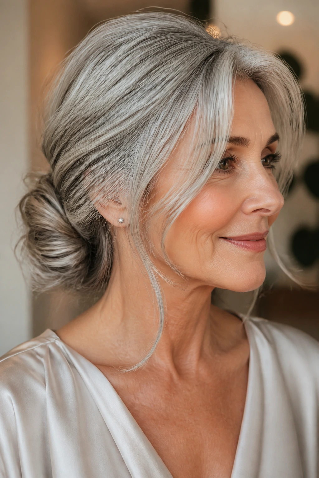 Close-up of a real woman with a loose low chignon and face-framing pieces