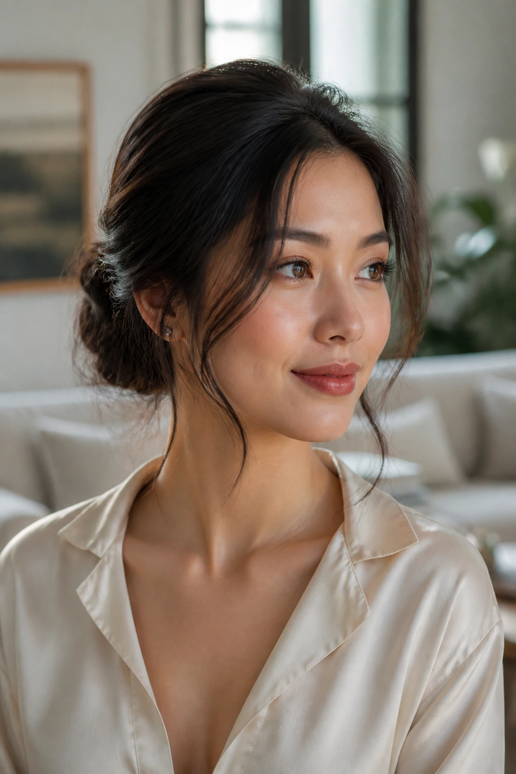Close-up of a woman with a loose chignon and temple pieces