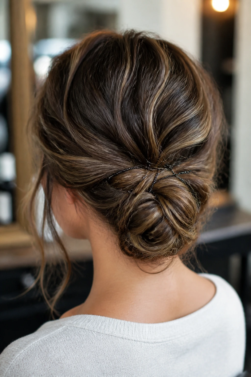 Close-up of real woman's head showcasing a loose low chignon with twist-pins