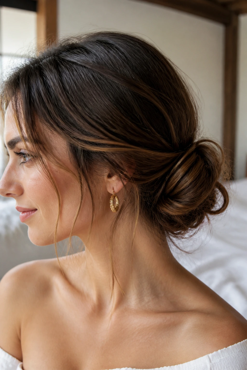 Close-up of a real woman with a loose coil low bun at the nape