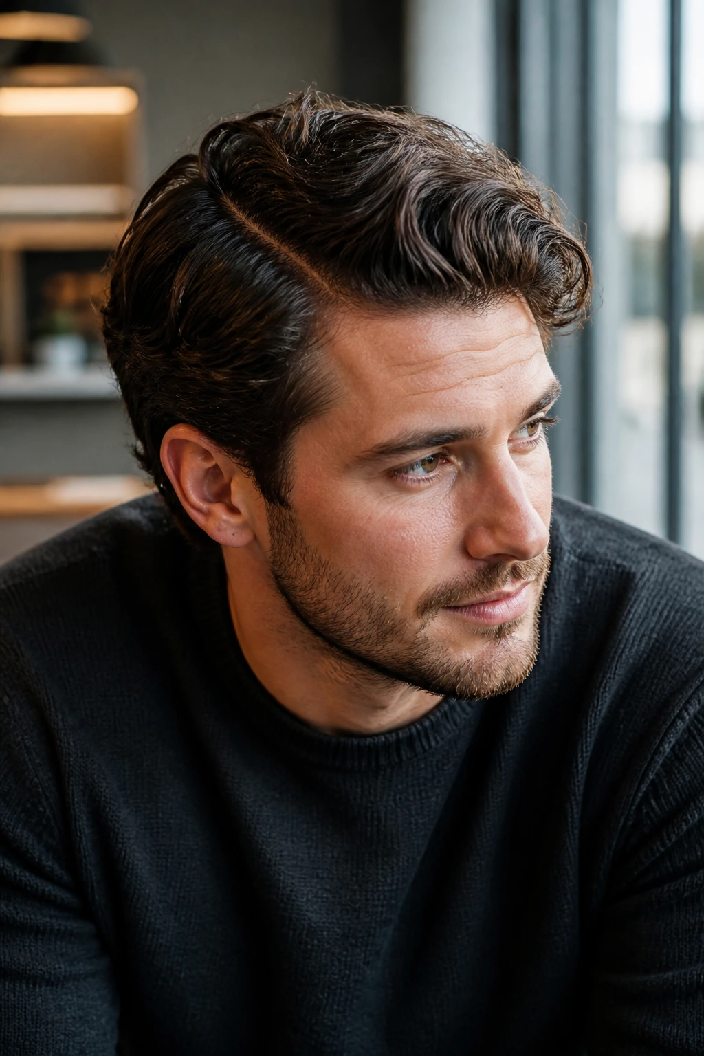 Close-up of a real man with a loose comb-over and soft side part, waves visible
