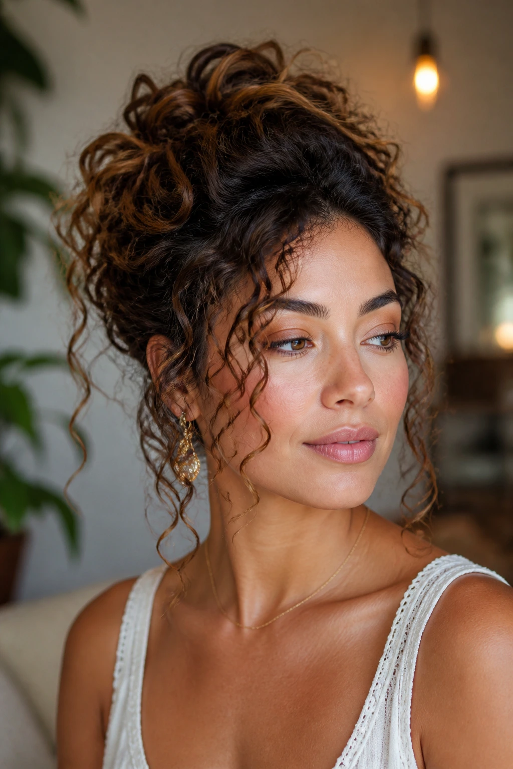 Close-up portrait of a real woman with a loose crown updo, curls framing the face