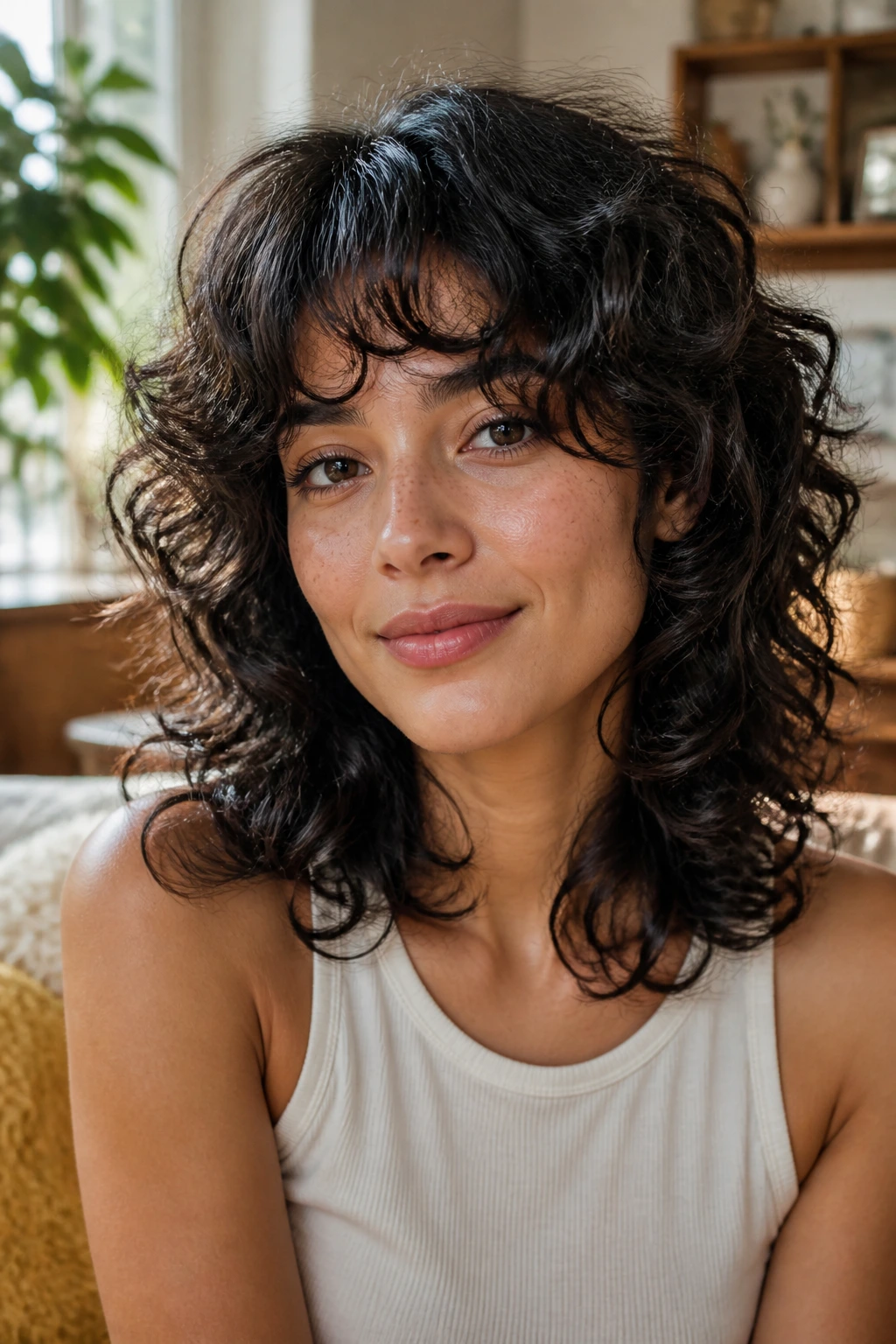 Close-up portrait of a real woman with a loose curl wolf cut and soft layered curls.